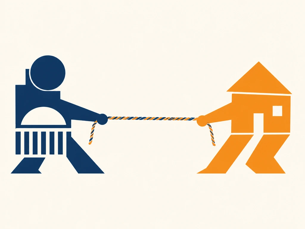 Two abstract geometric shapes pulling opposite ends of a rope in a tug-of-war, representing state government versus local…