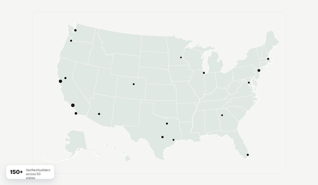 Map of the United States showing ADU Wizard verified builder locations
