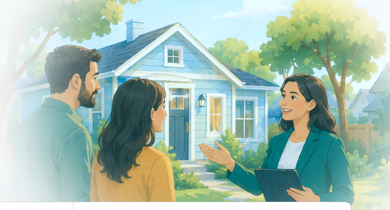 Homeowner couple consulting with an ADU planner outside their house