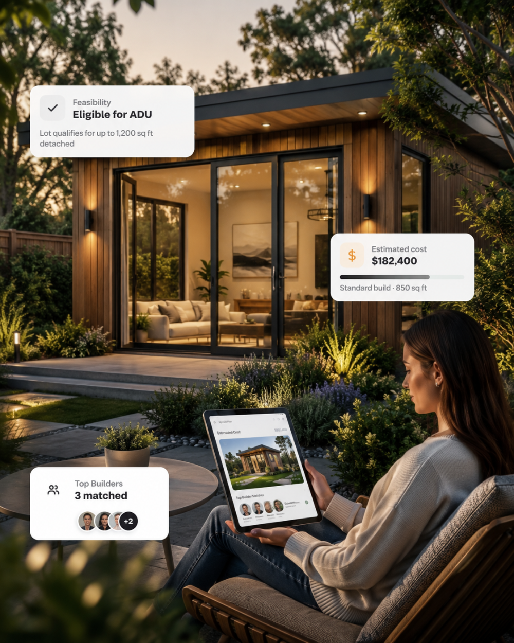 Homeowner reviewing her ADU plan on a tablet beside a finished backyard ADU at dusk, with feasibility, cost, and matched-builder details overlaid